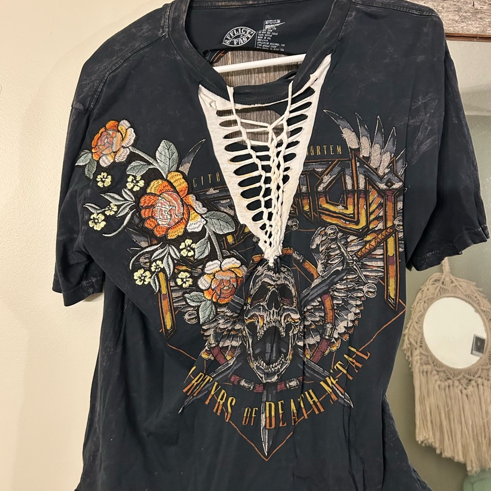 Affliction Black Graphic Tee with Floral and Skull Design